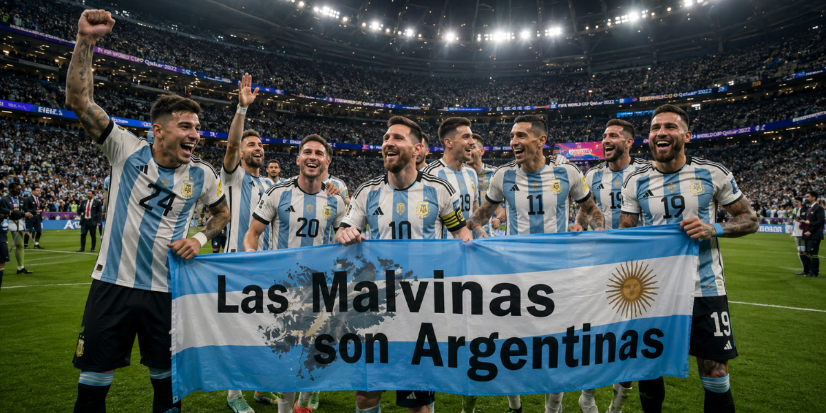 Argentina Falklands banner World Cup displayed by Argentina players after the semi-final win over England.
