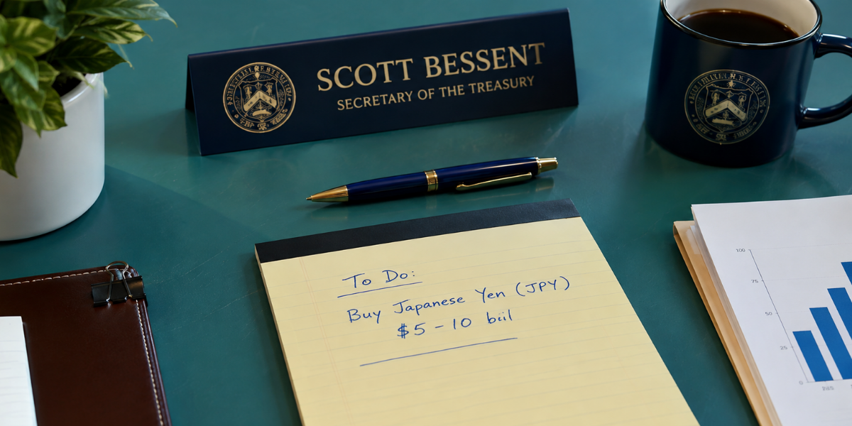 US Treasury Japanese yen intervention notepad on Bessent's desk