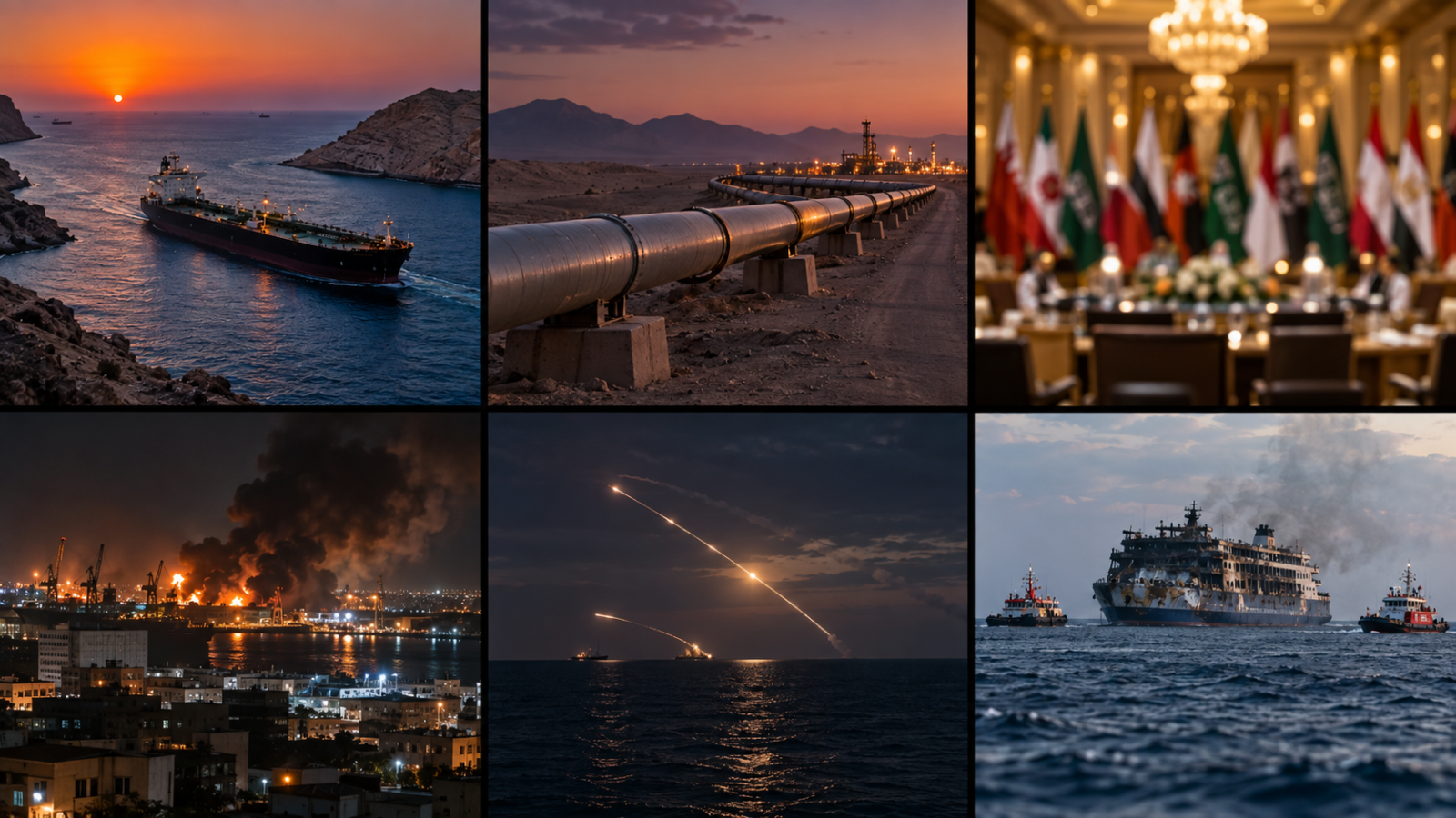 World News Today: Houthis Seize Red Sea Chokepoint as BRICS Urges Restraint 1 World news collage for September 12, 2026 showing a Red Sea oil tanker, desert pipeline, BRICS summit hall, damaged Ukrainian port, missile trails over the sea, and a burned ferry.
